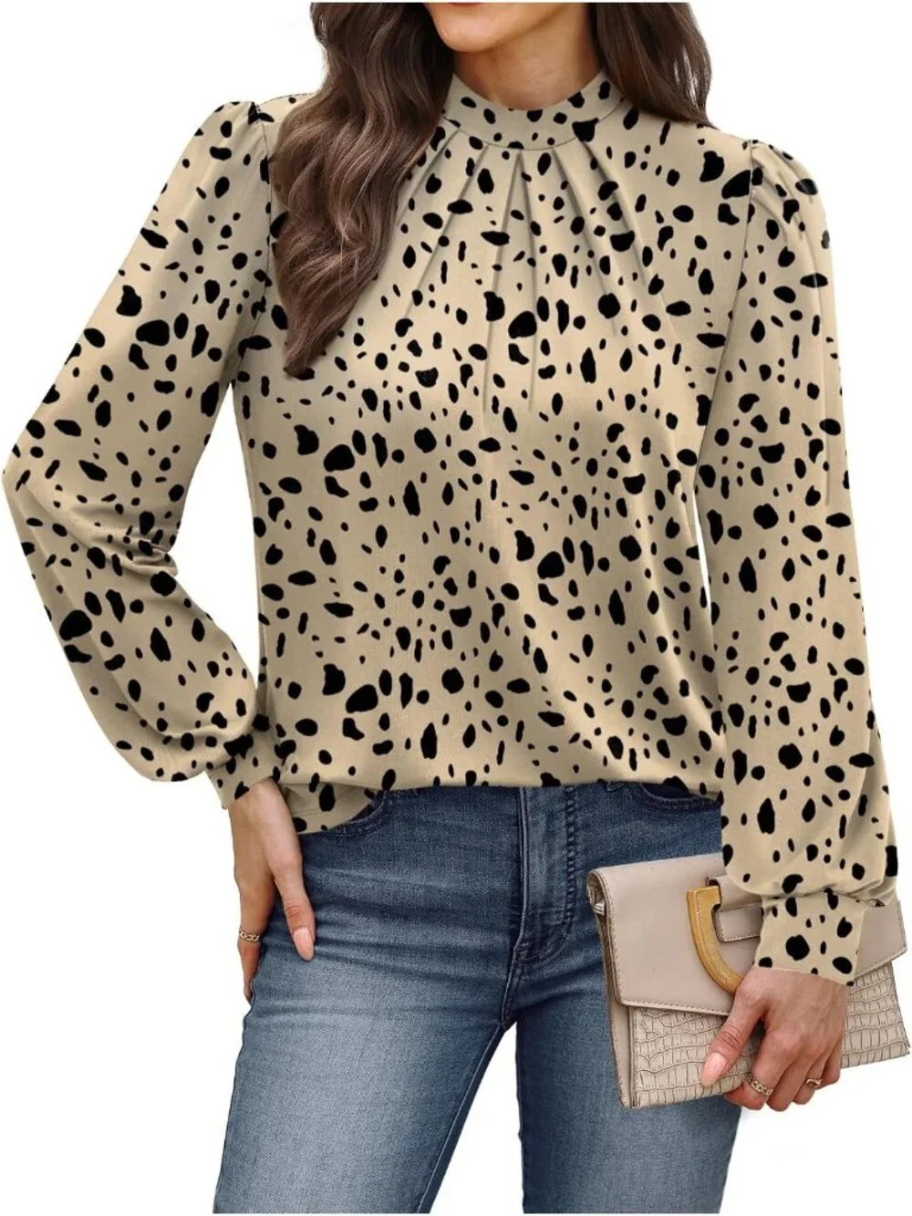 Women's Taupe Black Long Sleeve Shirt Pleated Front Blouses Dressy Mock Neck Top